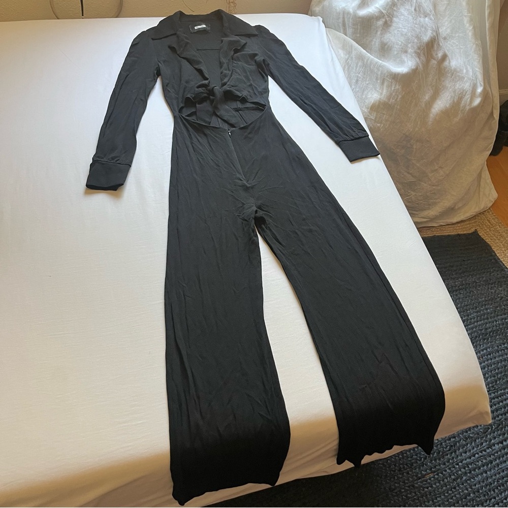 REFORMATION black viscose rayon cutout tie front long sleeve wide leg jumpsuit
